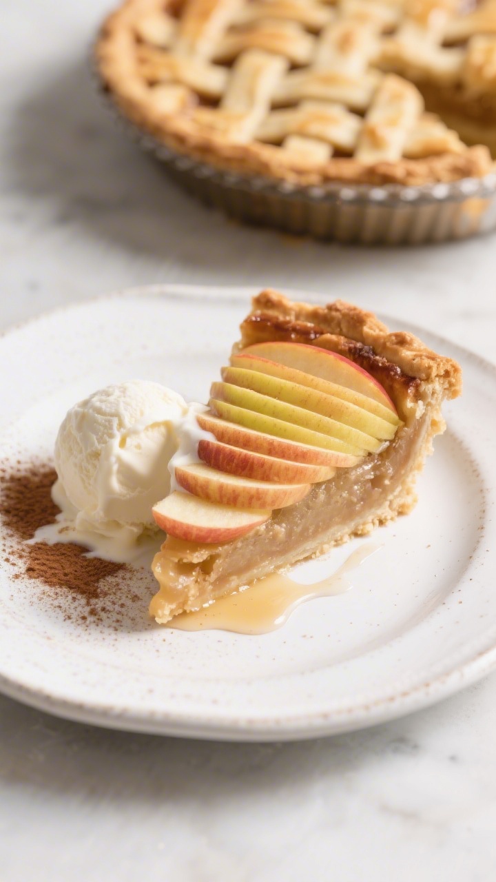 Tasty top view: Overhead shot of a neat slice of apple pie on a white stoneware plate, apples stacke