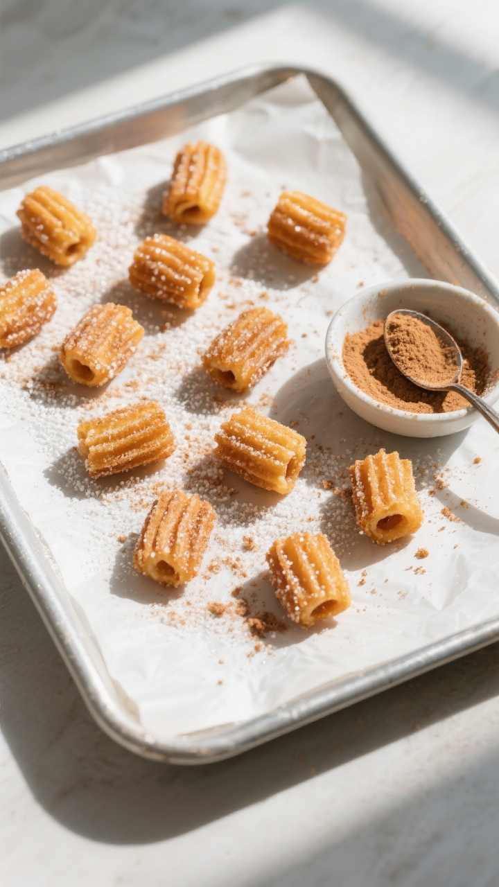 Tasty top view: Overhead shot of a parchment-lined tray dusted lightly with cinnamon sugar, scattere