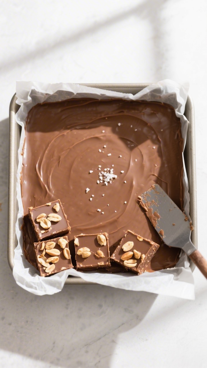 Tasty top view: Overhead shot of an 8x8 pan of fully set peanut butter chocolate fudge lined with pa