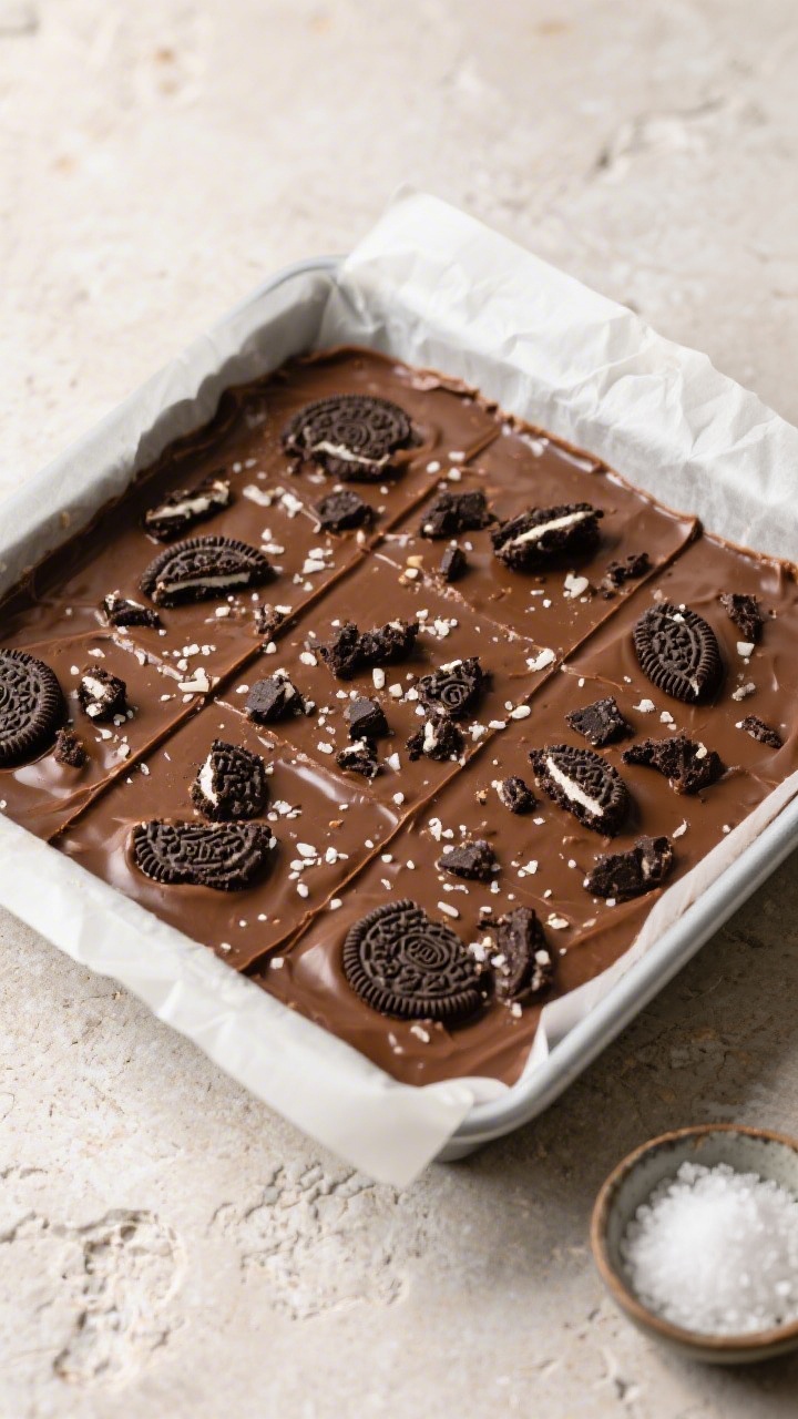 Tasty top view: Overhead shot of an 8x8 pan of set peanut butter Oreo fudge lined with parchment ove