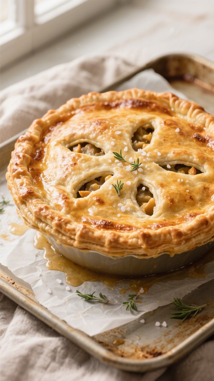 Tasty top view: Overhead shot of an uncut chicken pot pie just out of the oven—deep golden, bliste