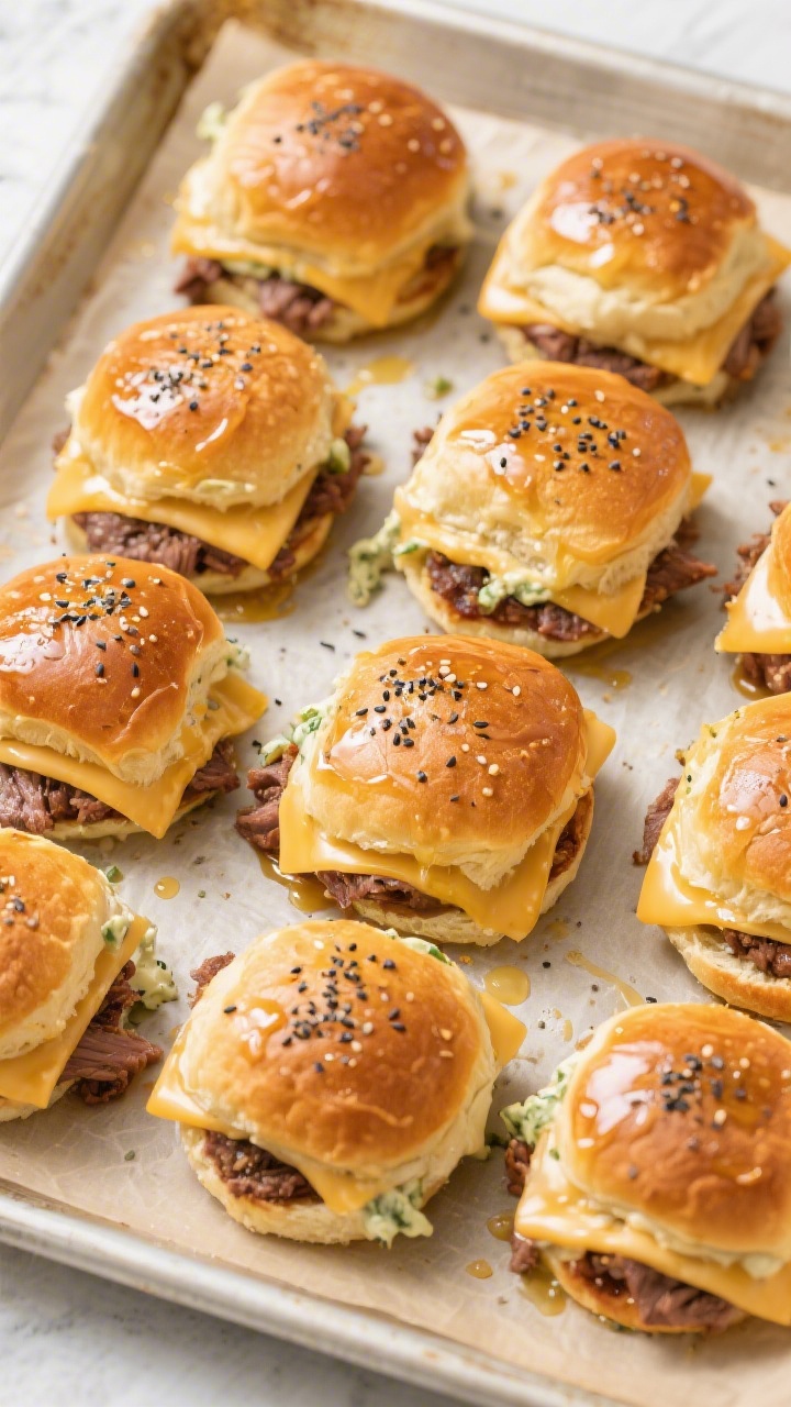 Tasty top view: Overhead shot of assembled Mississippi pot roast sliders on a parchment-lined baking