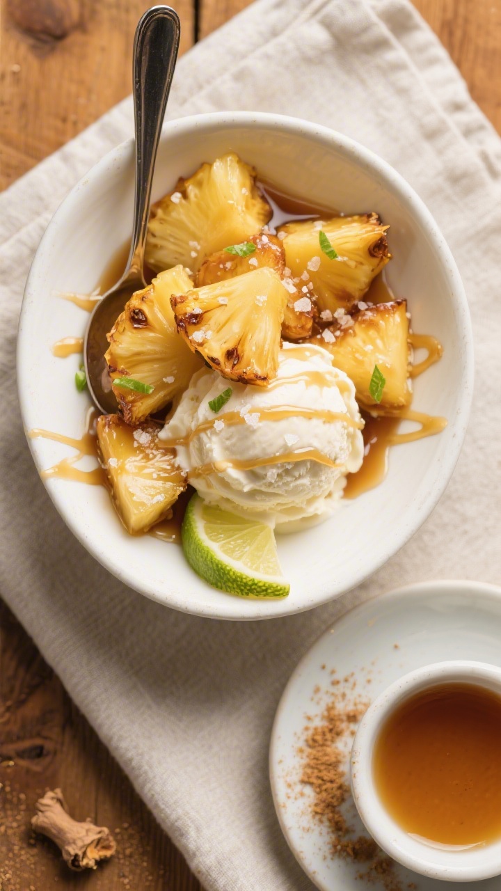 Caramelized Pineapple - A Quick, Juicy Dessert with Golden Edges 3 Tasty top view: Overhead shot of caramelized pineapple chunks spooned over vanilla ice cream in a lo
