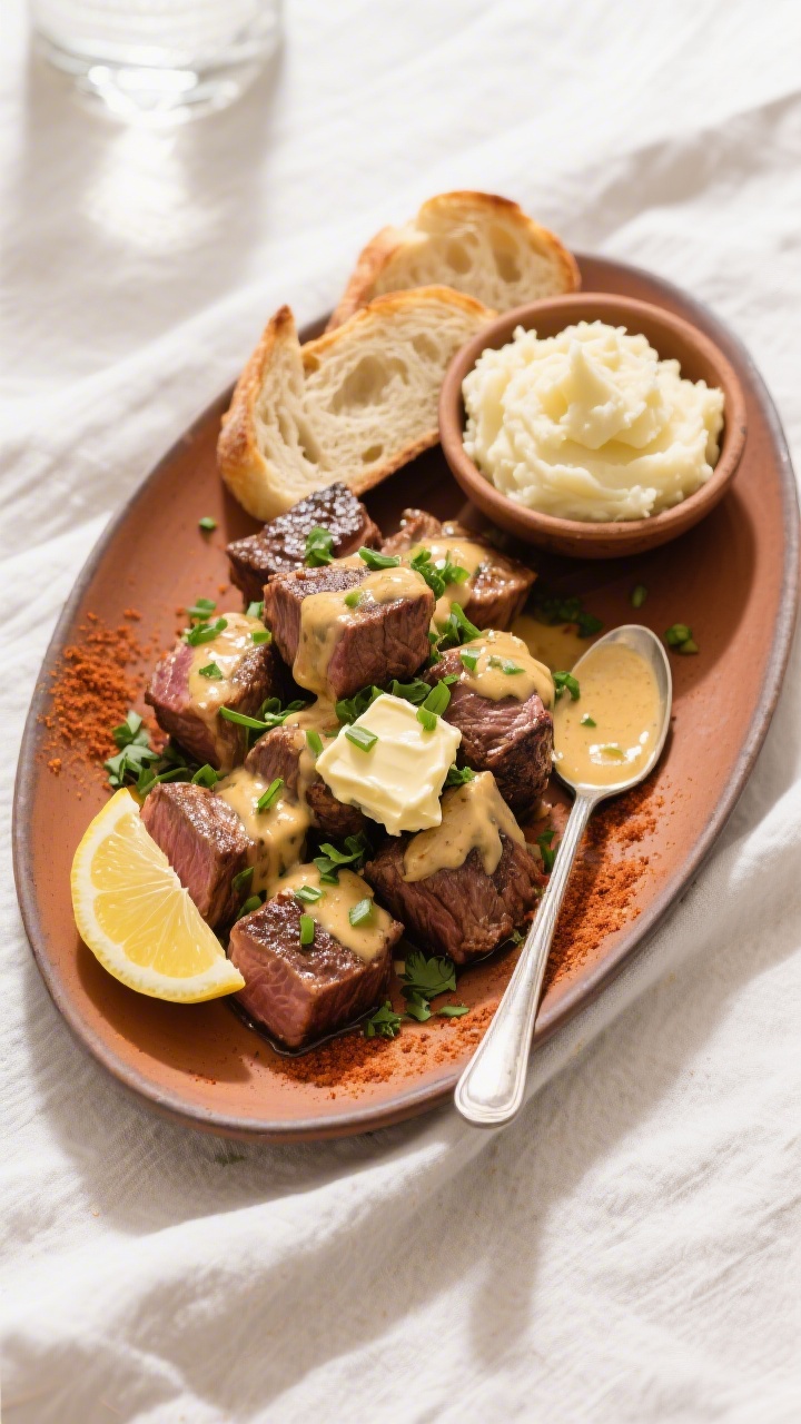 Tasty top view: Overhead shot of cowboy butter steak bites piled on a warm oval platter, generously 