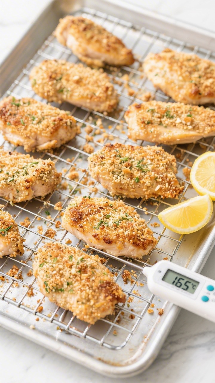 Garlic Parmesan Crusted Chicken - Crispy, Juicy, and Packed With Flavor 3 Tasty top view: Overhead shot of finished Garlic Parmesan Crusted Chicken on a wire rack over a shee