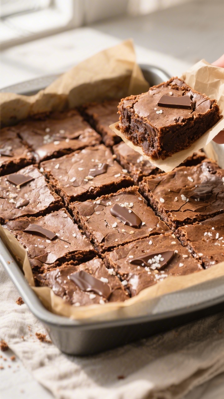 Tasty top view: Overhead shot of freshly baked keto almond flour brownies in the pan, cut into even 