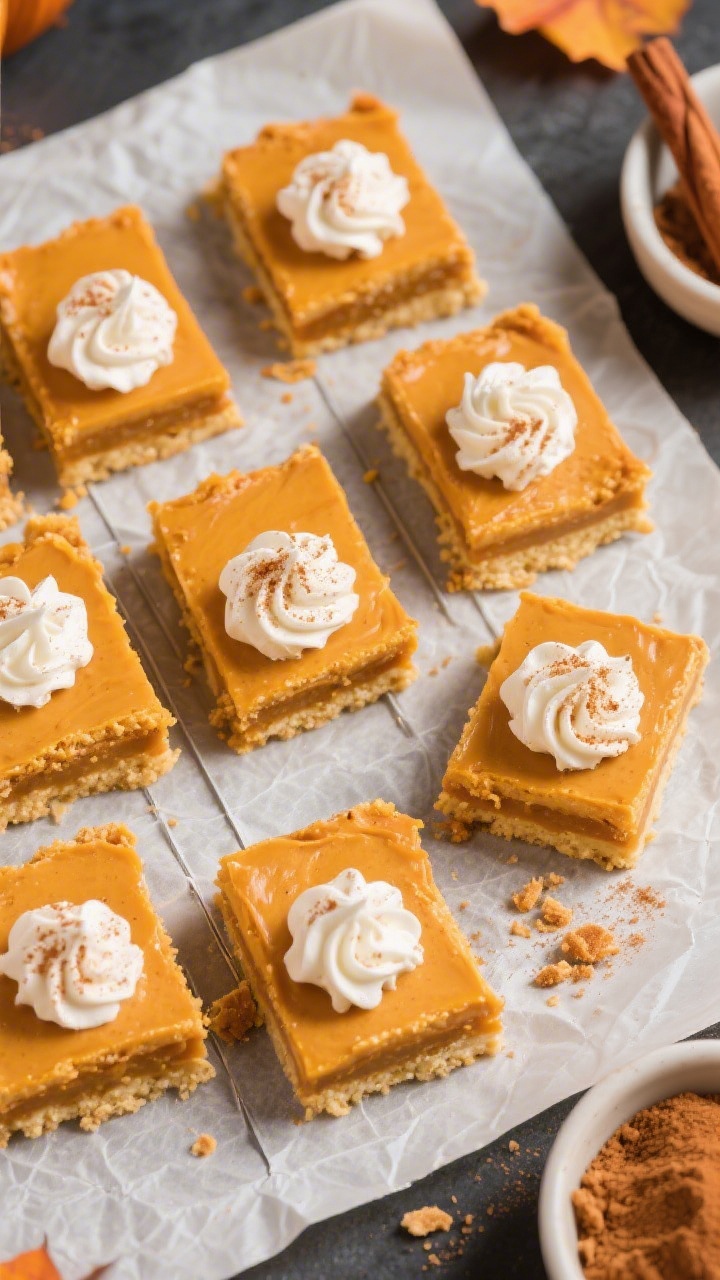 Pumpkin Pie Bars Recipe - Cozy, Crowd-Pleasing Fall Treat 3 Tasty top view: Overhead shot of neatly sliced pumpkin pie bars arranged in a grid on parchment with