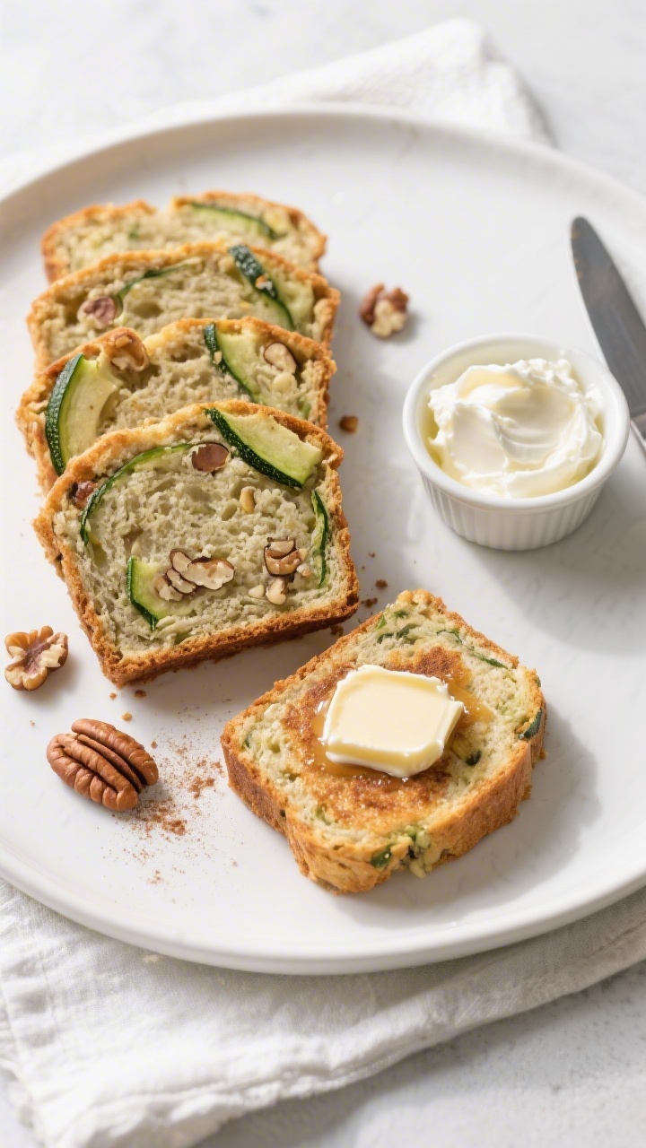 Tasty top view: Overhead shot of neatly sliced zucchini keto bread on a matte white platter, even sl