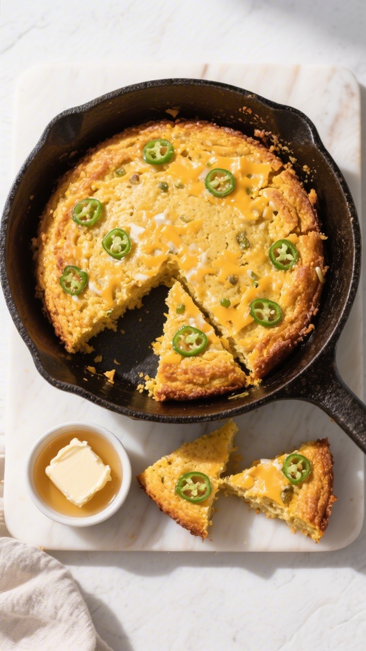 Tasty top view: Overhead shot of the fully baked cheddar jalapeno cornbread in a 10-inch cast-iron s
