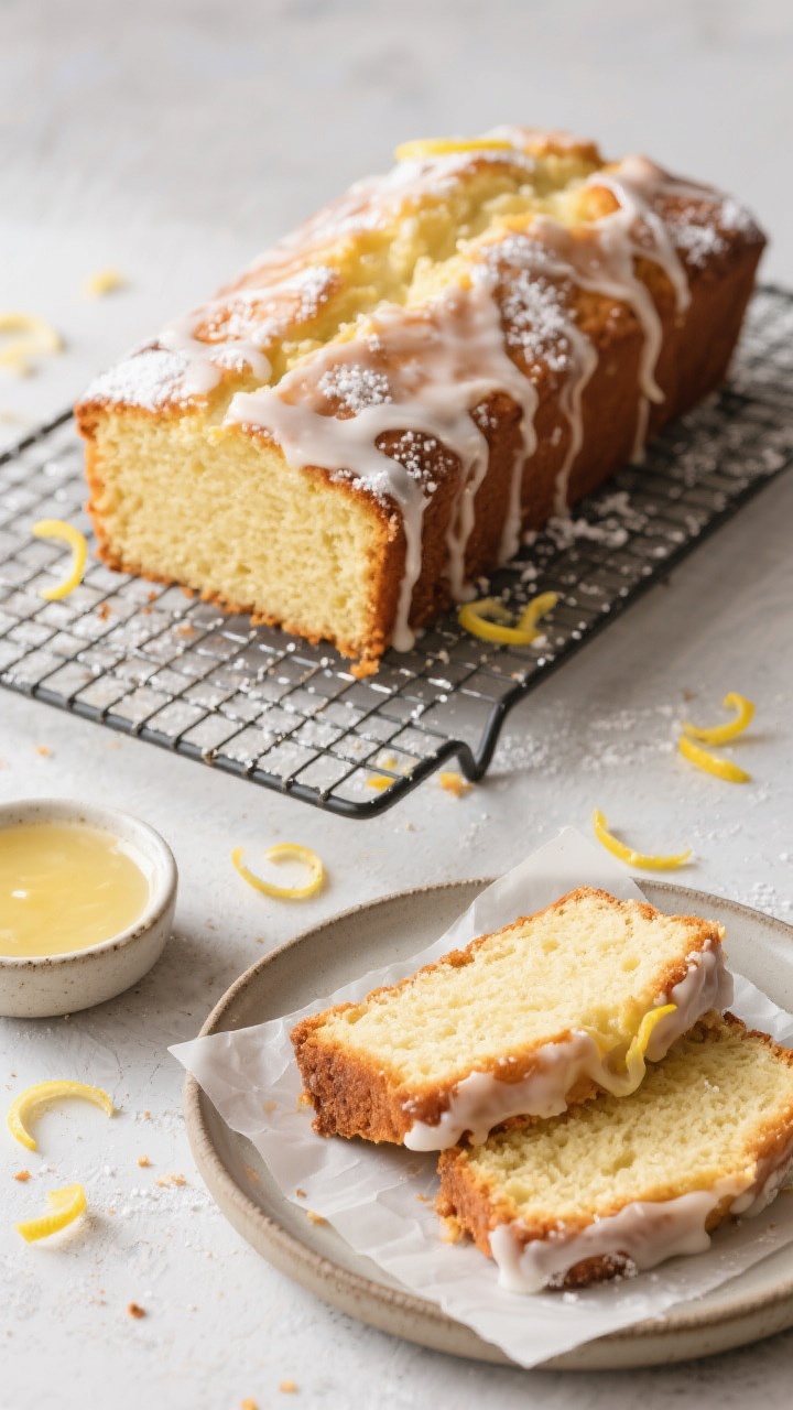 Tasty top view: Overhead shot of the fully cooled lemon drizzle cake on a wire rack, finished with a