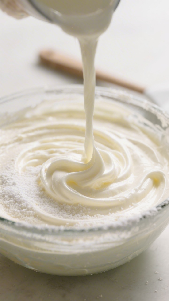 Close-up detail: A creamy swirl of 3-ingredient cheesecake dip in a glass mixing bowl, captured mid-