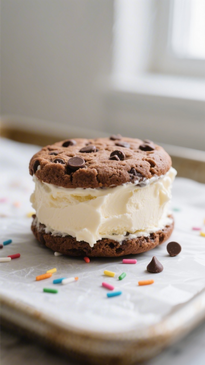 Close-up detail: A freshly assembled ice cream sandwich mid-press, showing a thick 3/4–1 inch laye