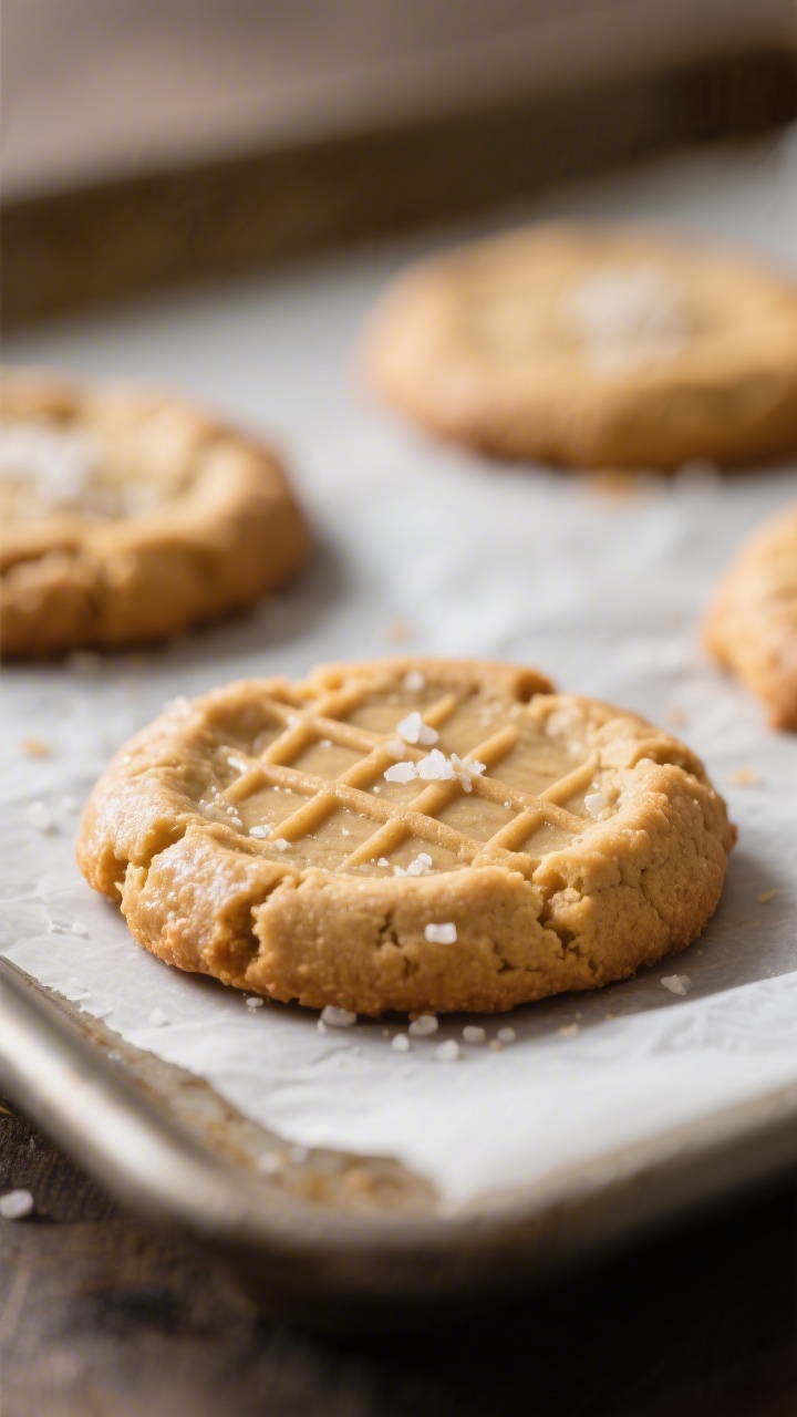 Close-up detail: A freshly baked peanut butter cookie still on the parchment-lined baking sheet, gol