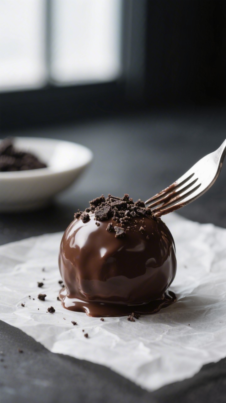 Close-up detail: A freshly dipped Oreo truffle resting on parchment, glossy semi-sweet chocolate coa