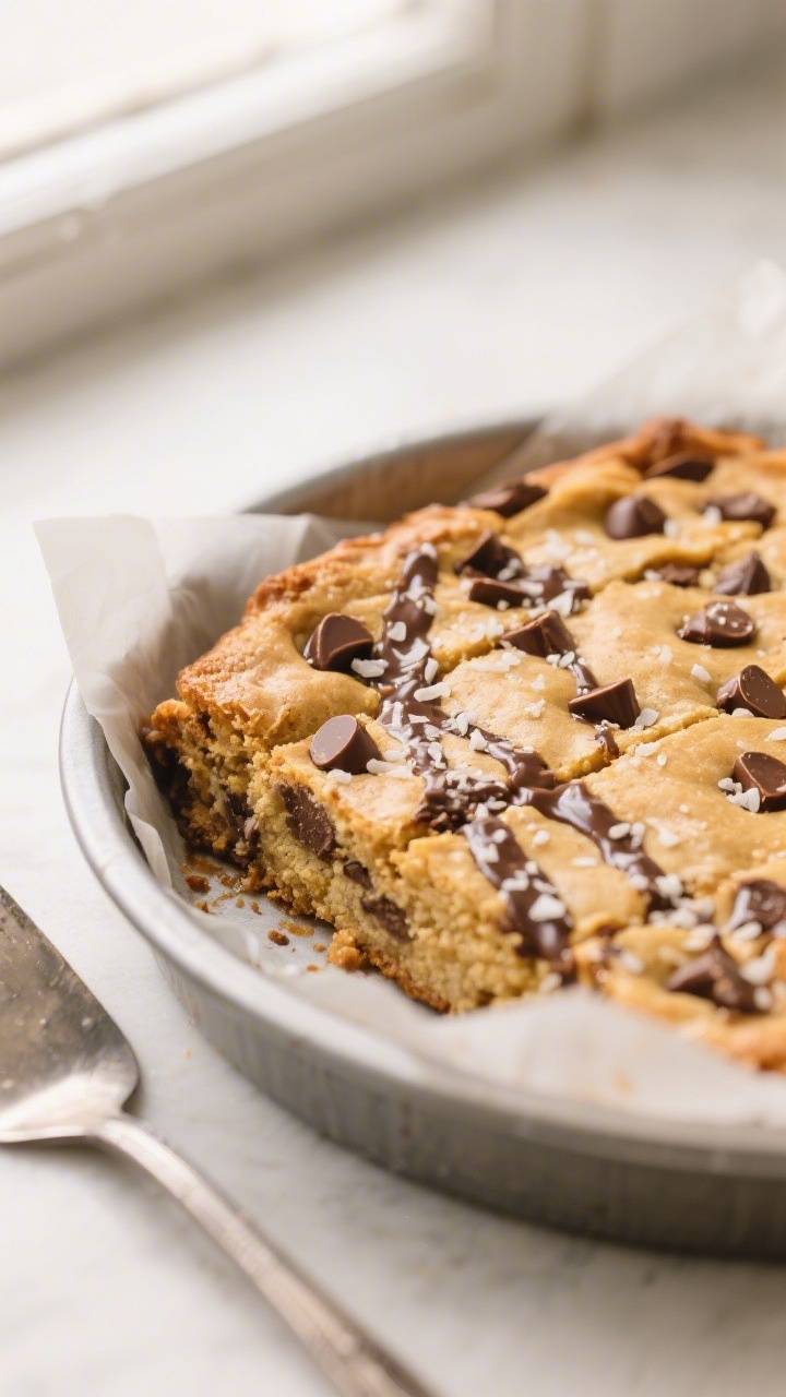 Close-up detail: A just-baked slab of chocolate chip blondies still in an 8-inch parchment-lined met