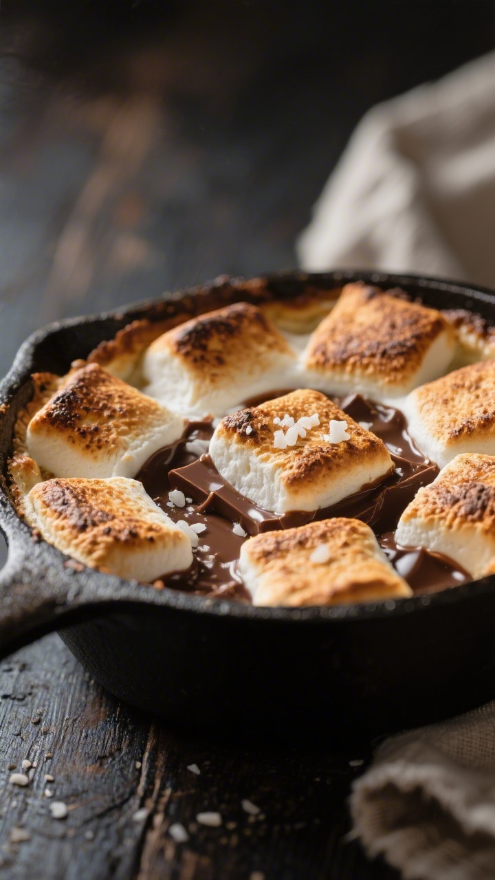 Close-up detail: A just-baked s’mores dip in a small cast-iron skillet, marshmallow tops deeply go