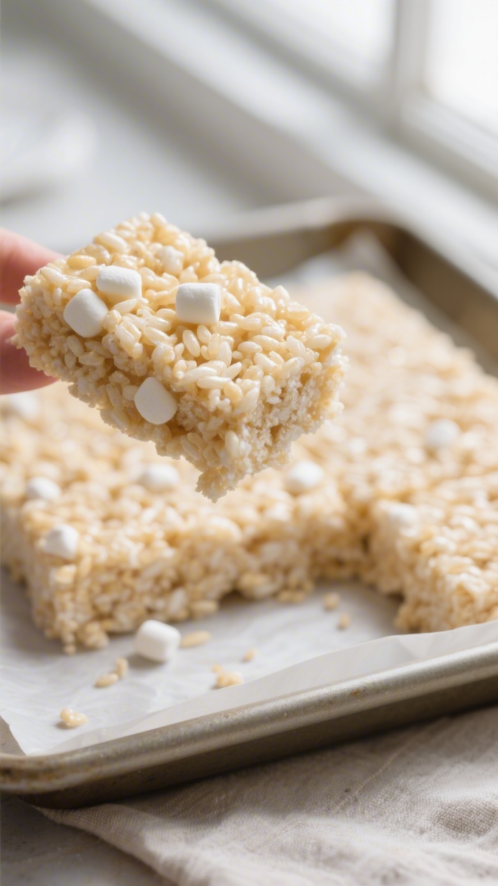 Close-up detail: A just-cut square of 3-ingredient Rice Krispie treat lifted slightly from a parchme