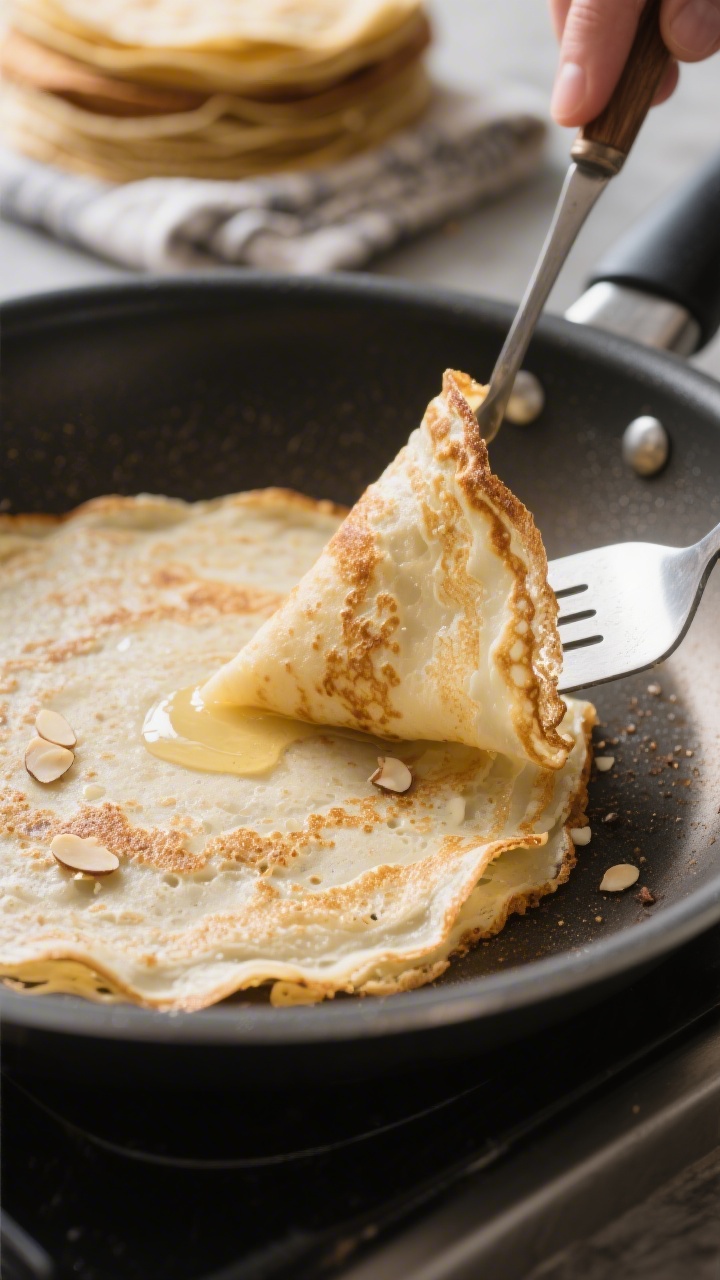 Close-up detail: A just-flipped coconut–almond crepe in an 8–9 inch nonstick skillet, lacy golde