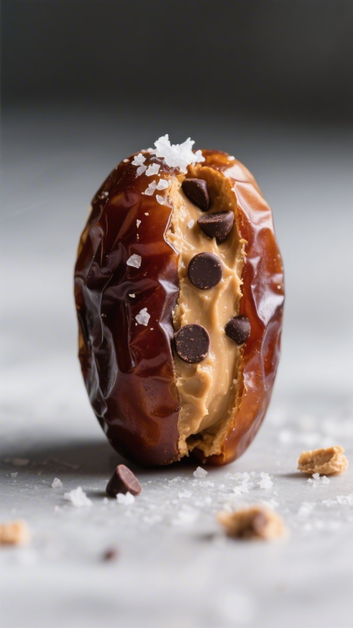 Close-up detail: A just-stuffed Medjool date with creamy peanut butter filling peeking out, pressed 