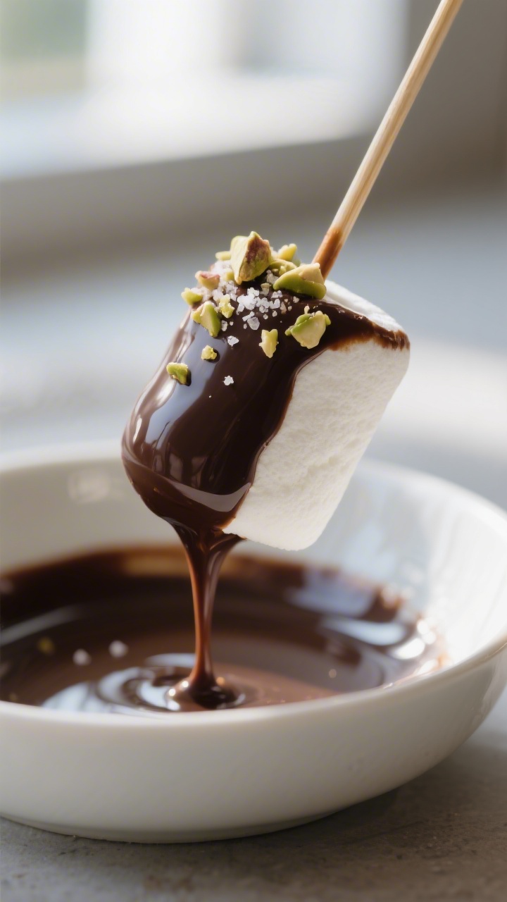 Close-up detail: A skewer-held marshmallow just dipped three-quarters into glossy dark chocolate, ex