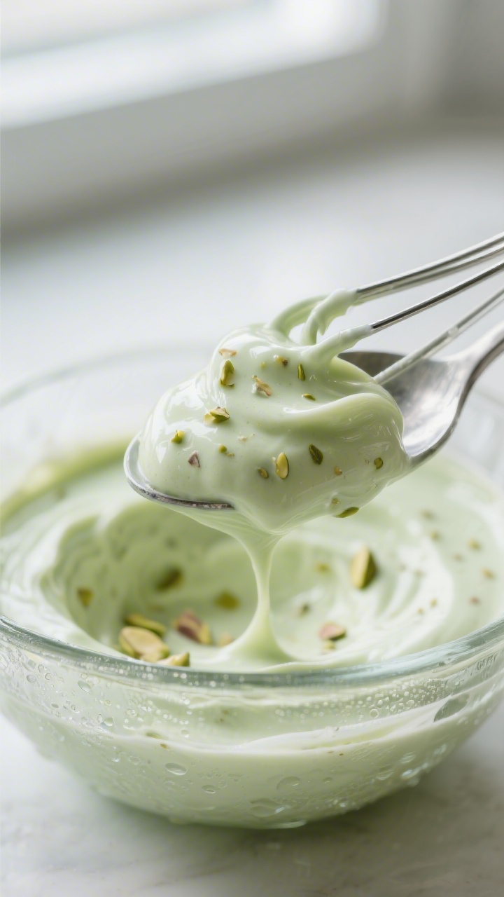 Close-up detail: A spoonful of instant pistachio pudding just whisked to glossy thickness, mounding 