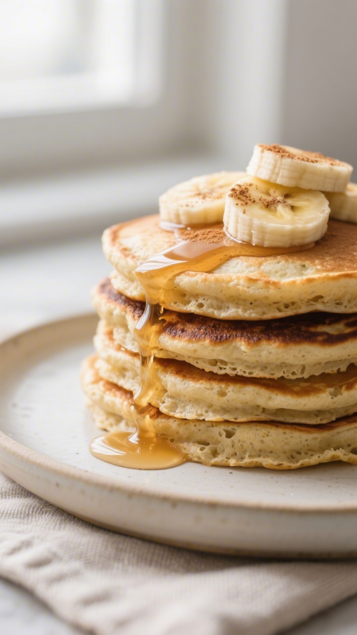 Close-up detail: A stack of fluffy gluten-free banana pancakes just off the griddle, golden with cri