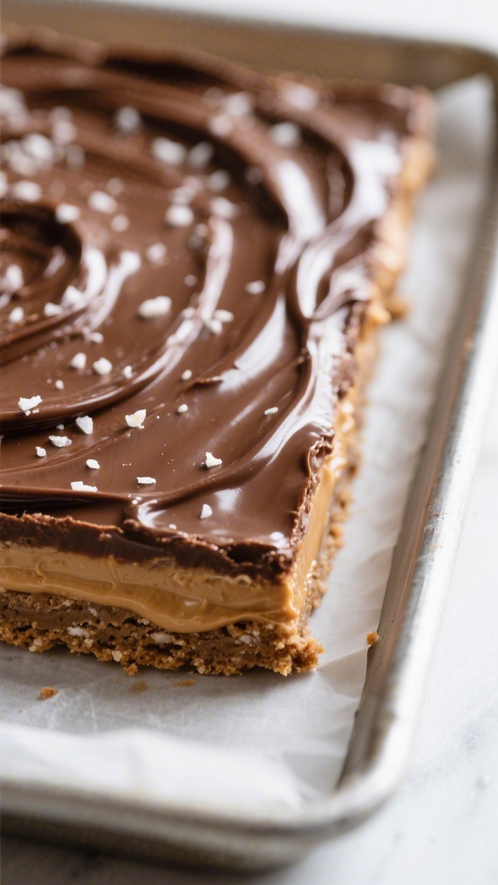 Close-up detail: A tight macro shot of the no-bake bar slab just after the chocolate-peanut butter t