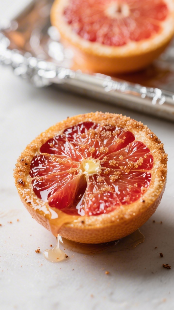 Close-up detail: Broiled brown sugar baked grapefruit half just out of the oven, sugar top glossy an
