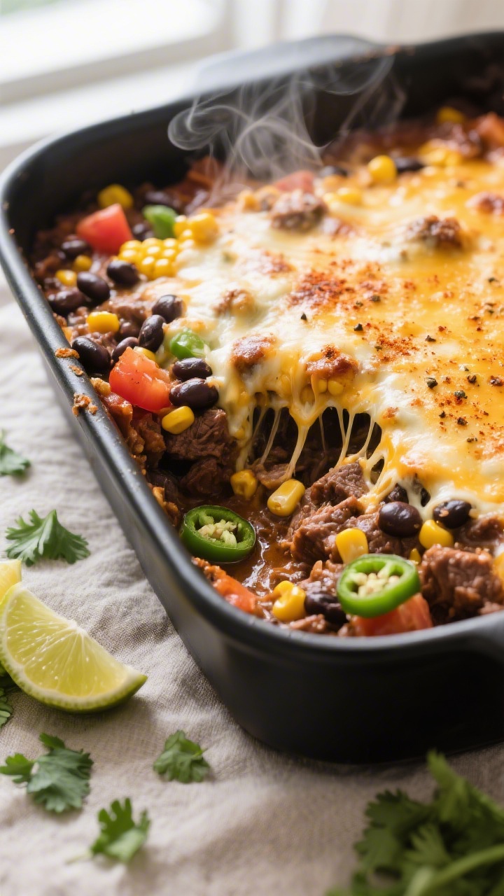 Close-up detail: Bubbling southwest black bean beef casserole just out of the oven, cheese melted an