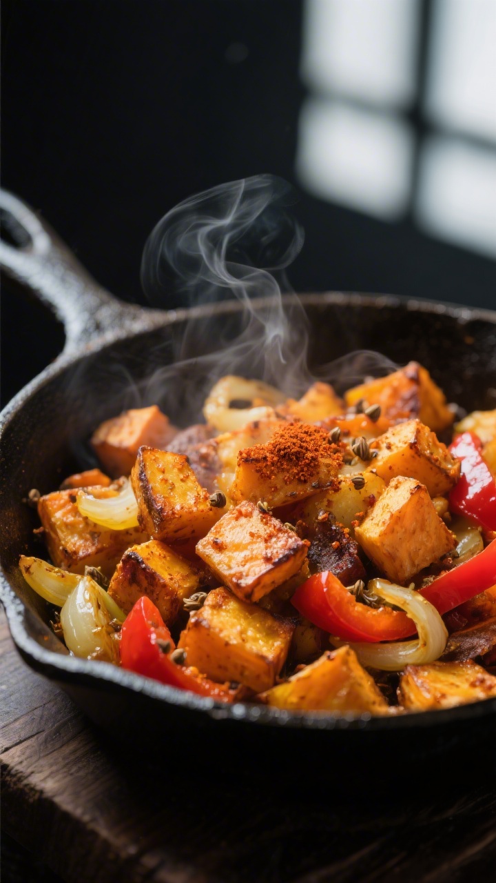 Close-up detail: Crispy sweet potato hash sizzling in a well-seasoned cast-iron skillet, golden-brow