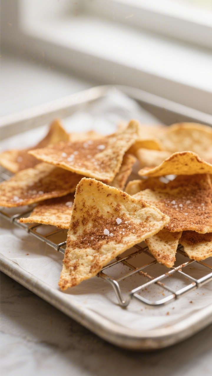 Close-up detail: Freshly baked cinnamon sugar tortilla chips cooling on a wire rack, edges golden an