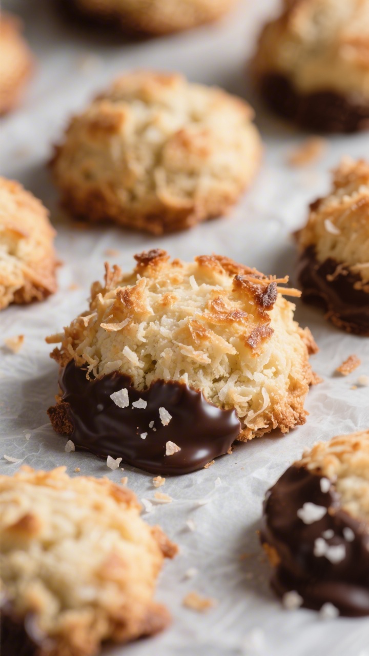 3 Ingredient Coconut Macaroons You Can Make in 20 Minutes 2 Close-up detail: Freshly baked coconut macaroons just out of the oven on parchment, edges toasty and
