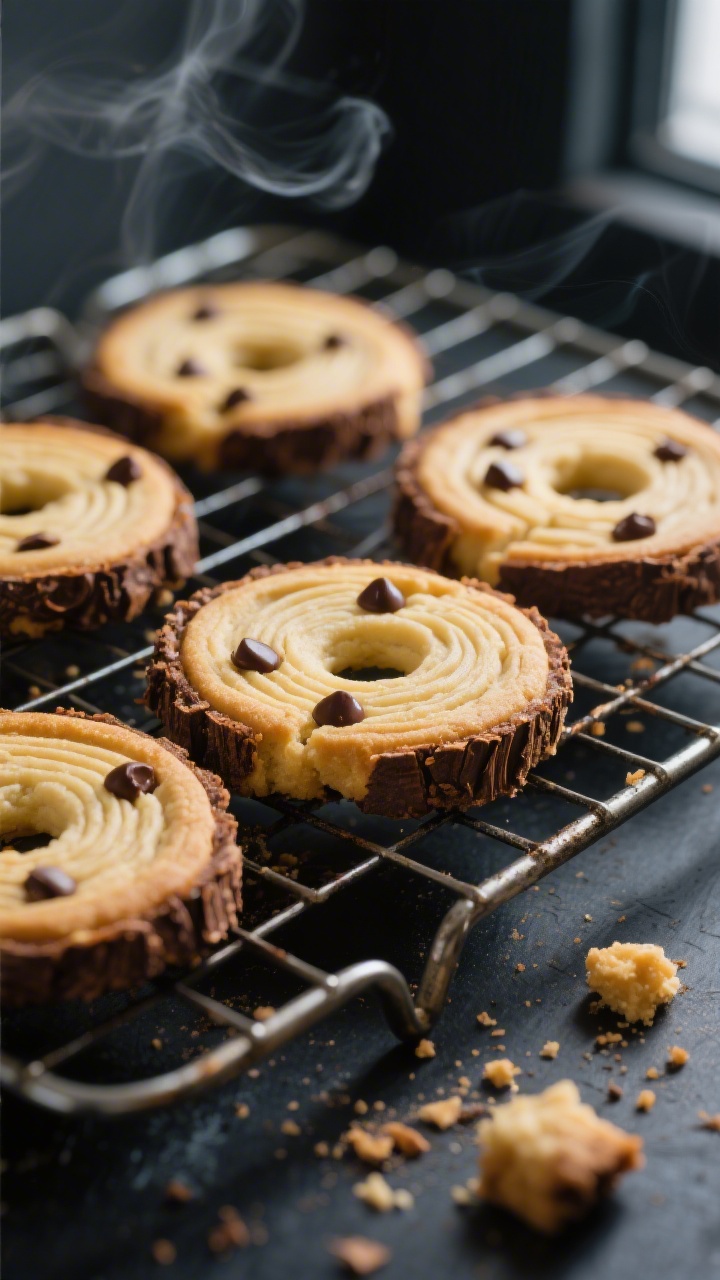 Close-up detail: freshly baked “fire wood” cookie rounds cooling on a wire rack, showcasing cris