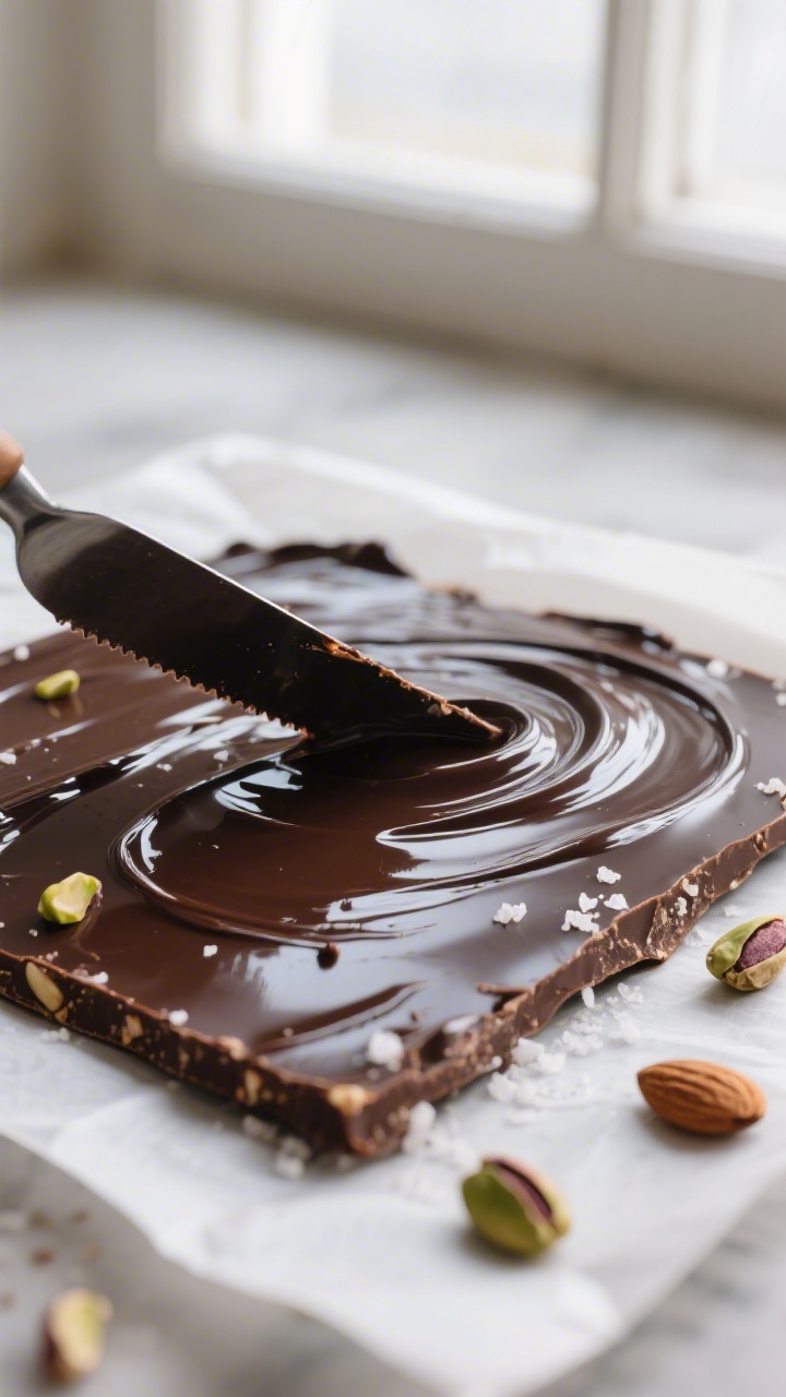 Close-up detail: Glossy dark chocolate bark being spread to a 1/4-inch layer on parchment with an of