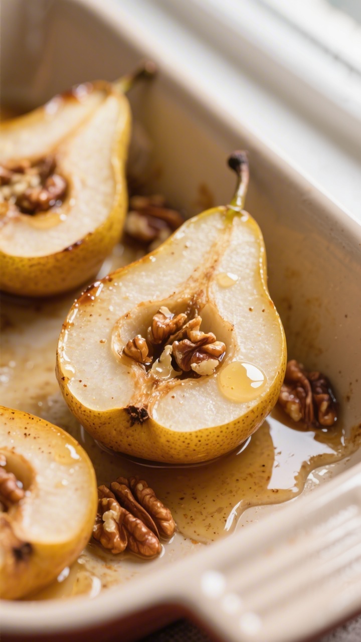 Close-up detail: Golden-baked pear halves just out of the oven, cut-side up, their hollows brimming 