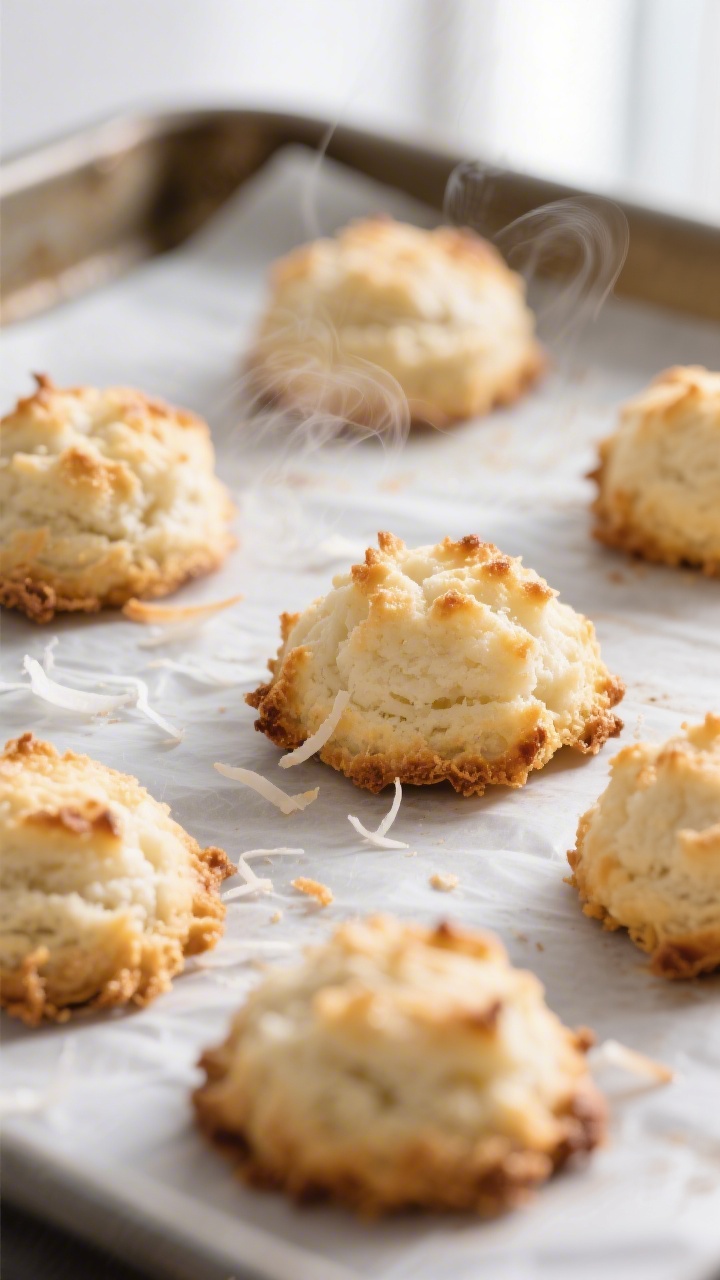 Close-up detail: Golden-edged coconut macaroons just out of the oven on a parchment-lined baking she