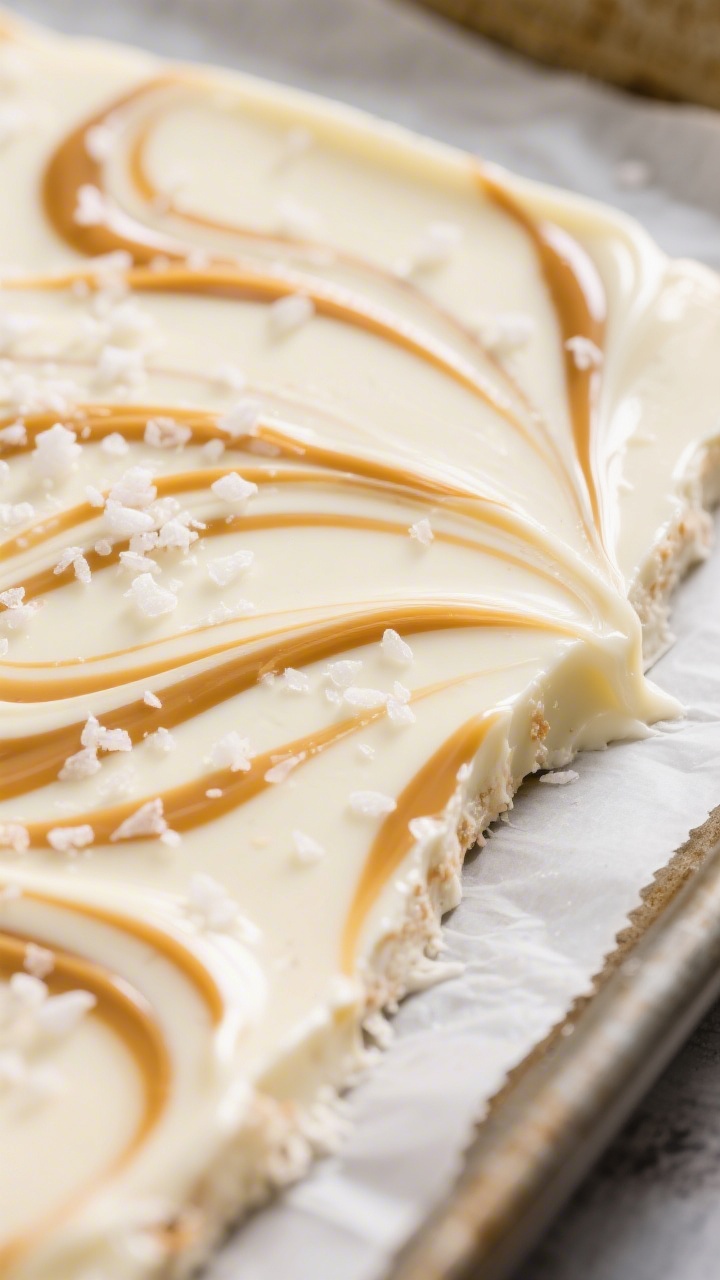 Close-up detail: Melted white chocolate caramel bark just swirled, showing glossy ivory white chocol