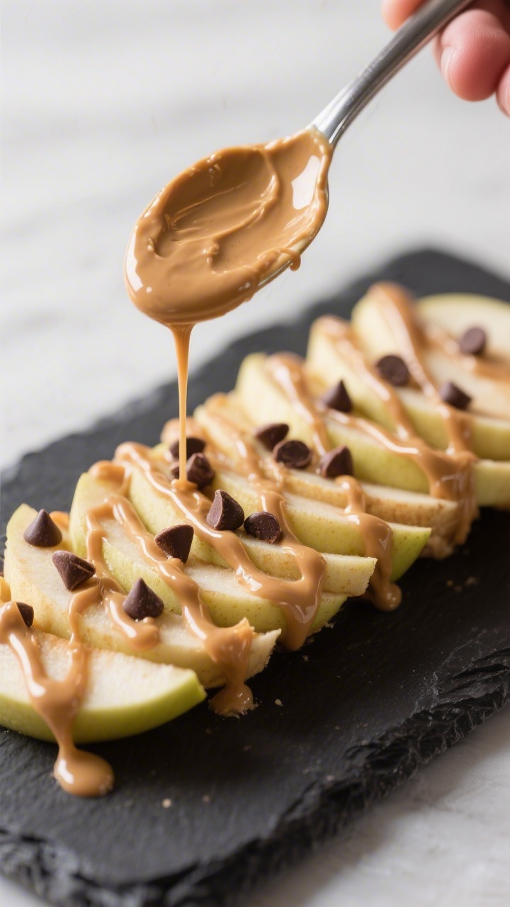 Close-up detail of the drizzle step: warm, pourable peanut butter being spoon-drizzled in a thin zig