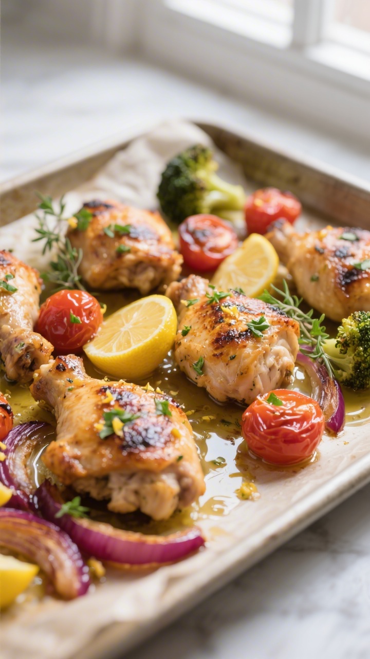 Close-up detail: Roasted lemon-herb chicken thigh pieces with blistered cherry tomatoes and carameli