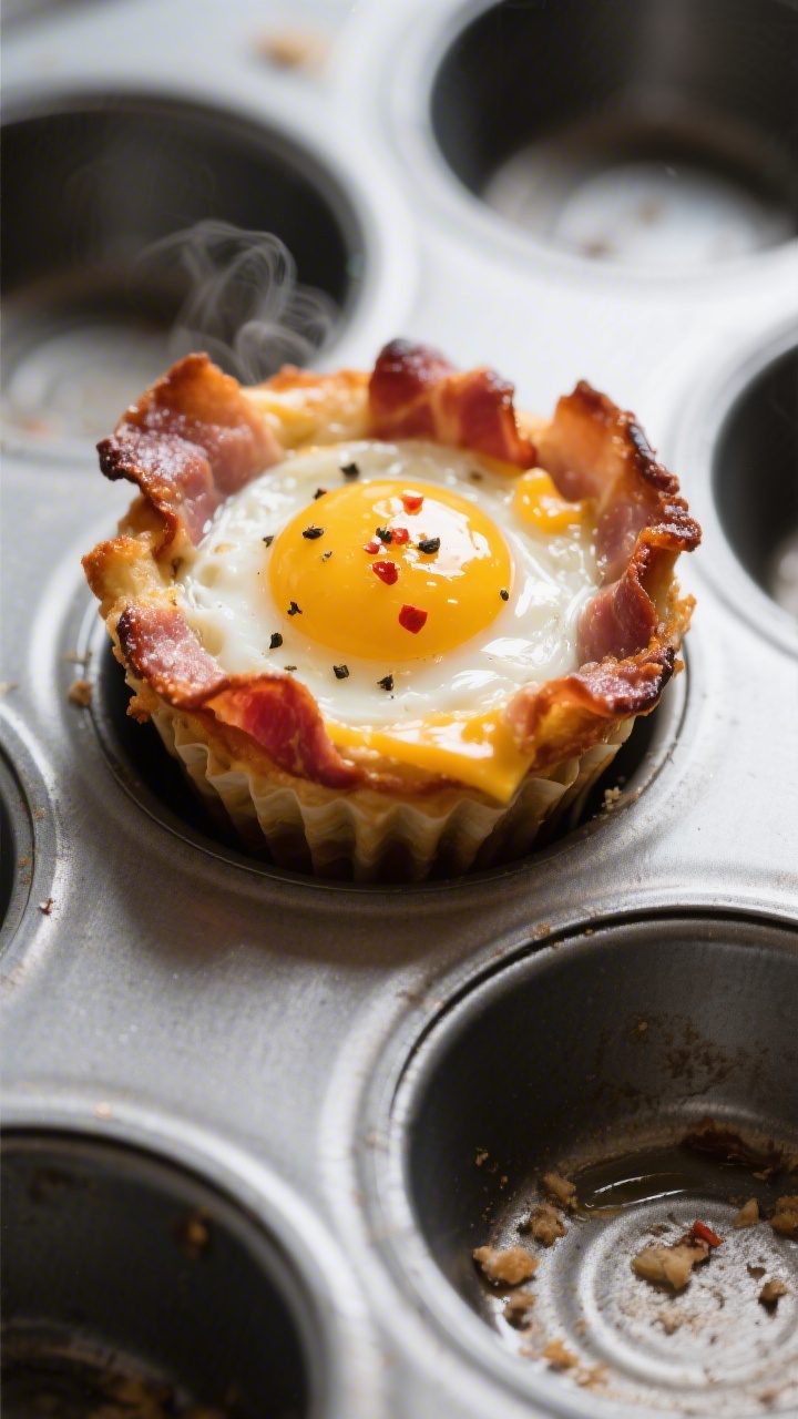 Close-up detail shot: A just-baked turkey-bacon and whole-egg cup lifted from a muffin tin, showing 