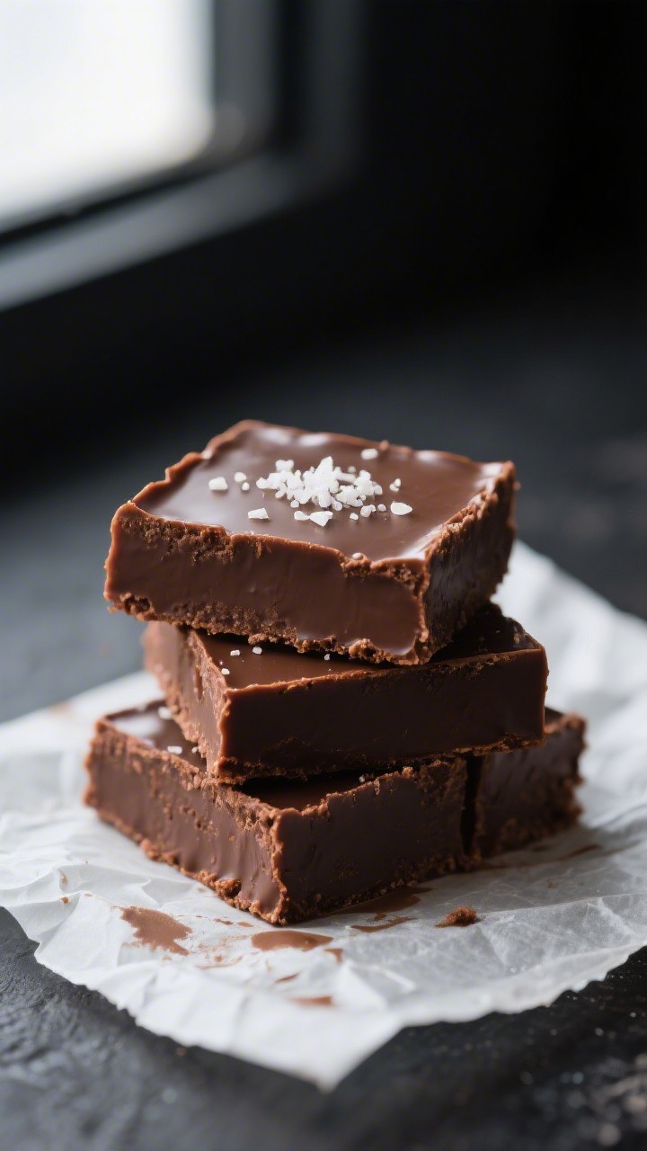 Close-up detail shot of freshly sliced 3-ingredient chocolate fudge squares with super clean edges, 