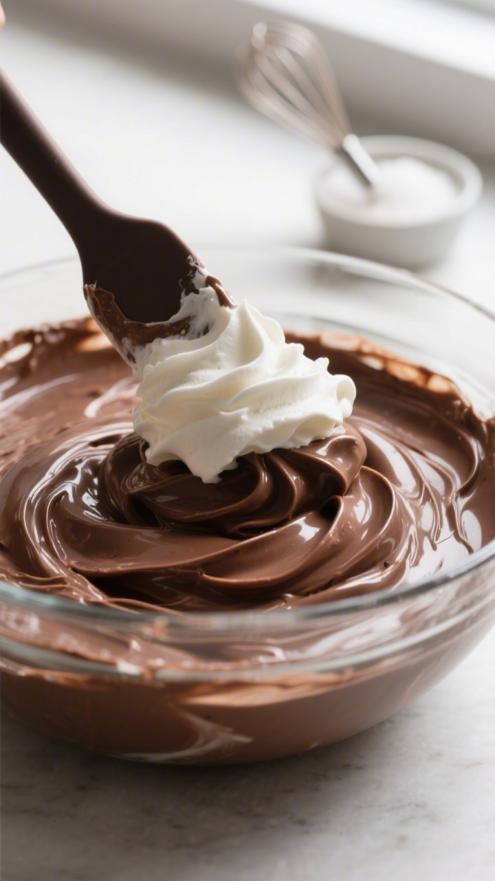 3 Ingredient Chocolate Mousse - Light, Lush, and Incredibly Easy 2 Close-up detail shot of silky chocolate mousse mid-fold: a spatula gently folding softly whipped cre