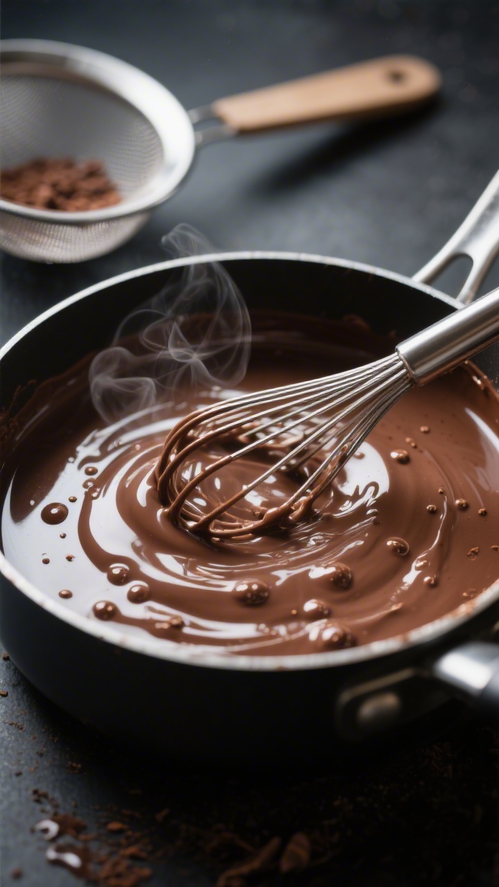 Close-up detail: Silky chocolate pudding being whisked in a saucepan just as it thickens and bubbles