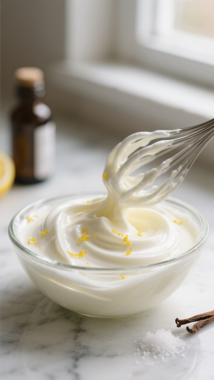 Close-up detail: Silky lemon cream yogurt being whisked to a smooth, glossy texture in a clear glass