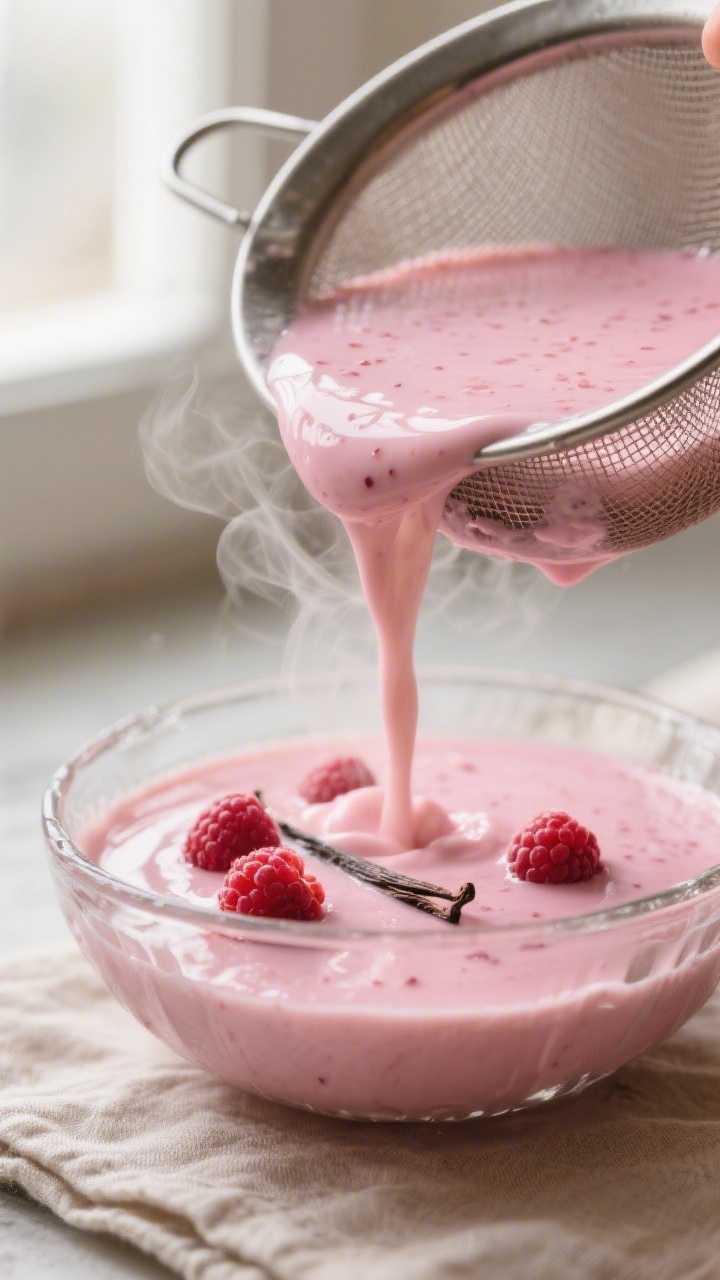 Close-up detail: Silky raspberry pudding fresh off the stove being poured through a fine-mesh sieve 