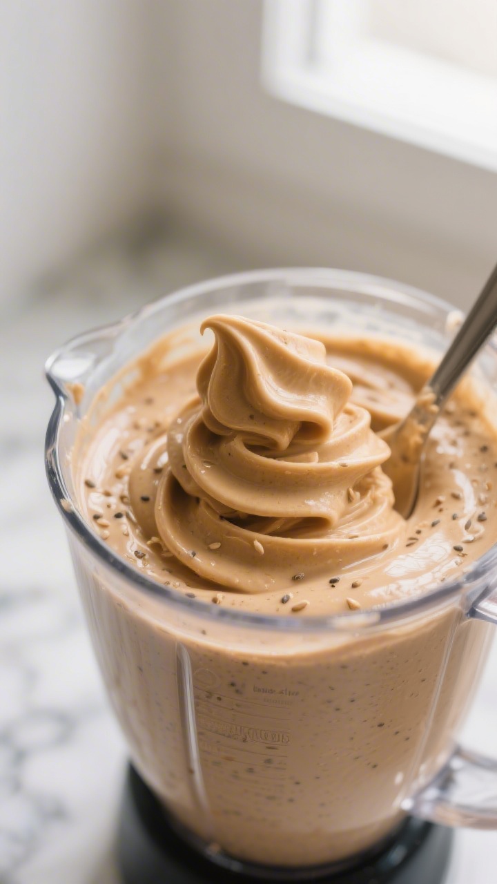 Close-up detail: Thick, creamy peanut‑butter protein smoothie base being swirled in a high-speed b