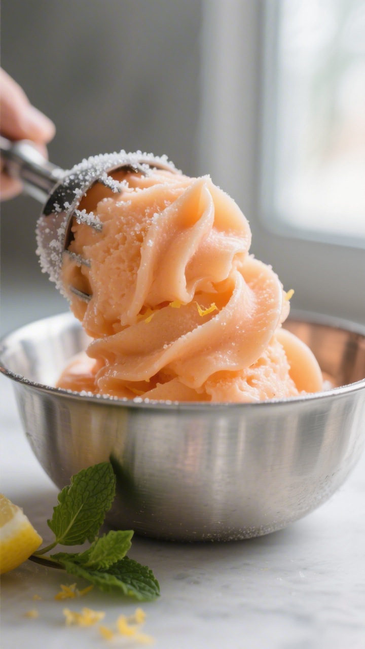Close-up detail: Ultra-smooth peach sorbet scooped like soft-serve straight from the ice cream maker