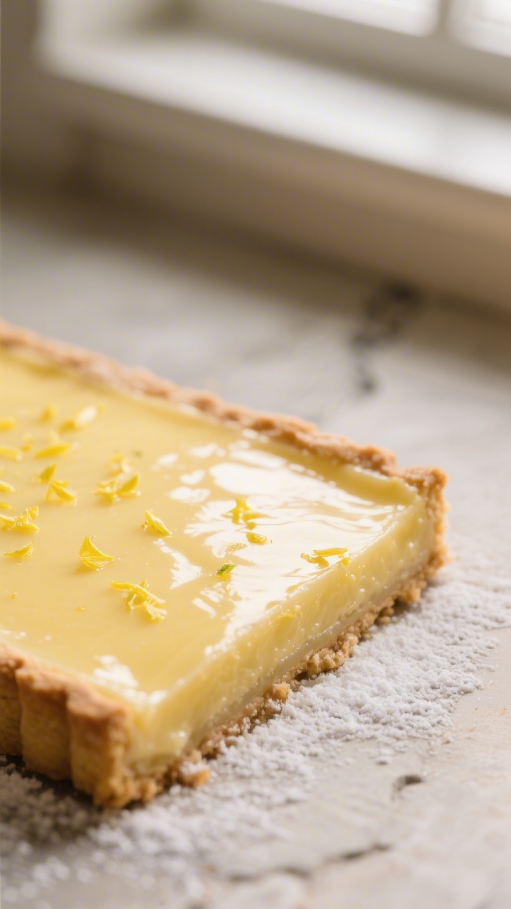 Close-up detail: Warm lemon bar slab just out of the oven with the silky, set filling glistening and