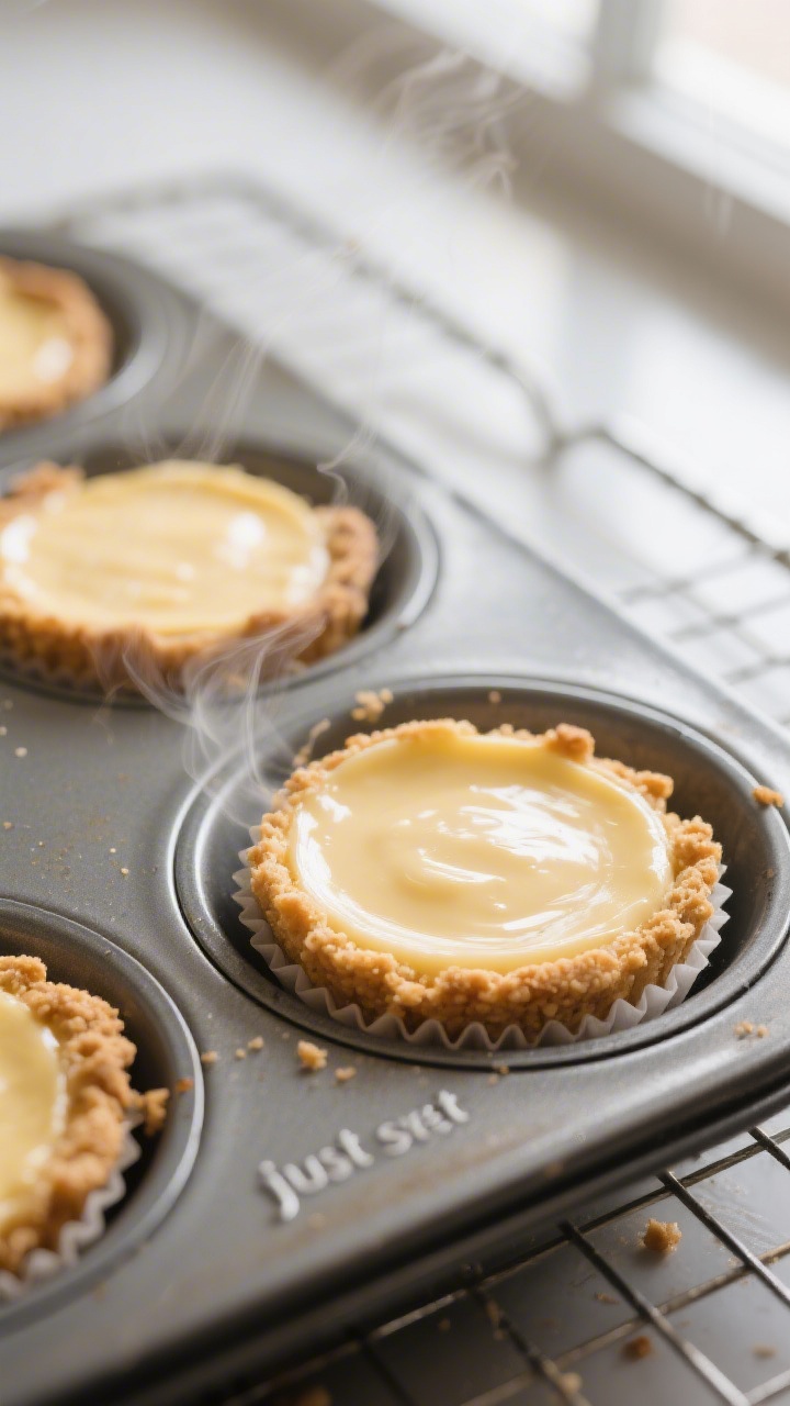 Close-up detail: Warm mini cheesecake bites just out of the oven in a lined muffin pan, centers with