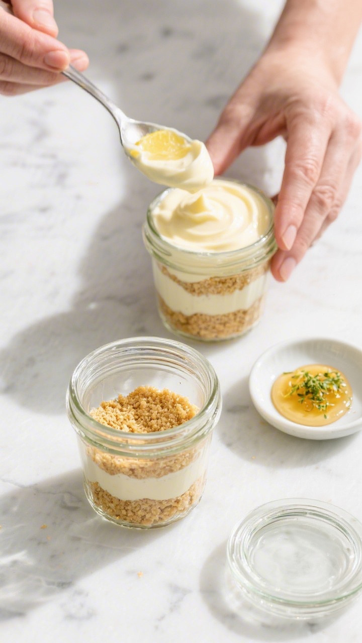 Cooking process assembly: Layering the cups—overhead shot of clear jars with a neatly pressed gold